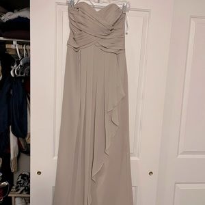 Beige David’s bridal bridesmaid dress.